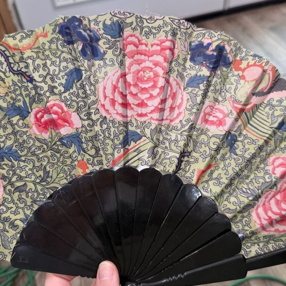 Vintage Asian Folding Hand Fan Peony Bird Floral Black Decorative